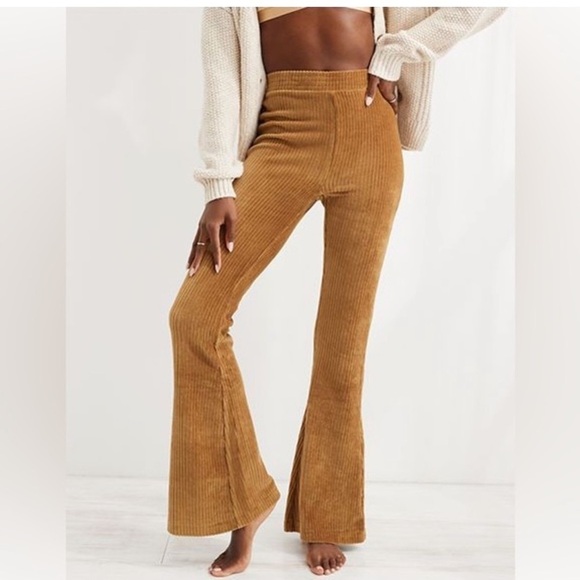 Aerie Groove On Sizs S Tan/Brown Velour Ribbed Flare Pants Pull On Bell Bottom - Picture 1 of 4
